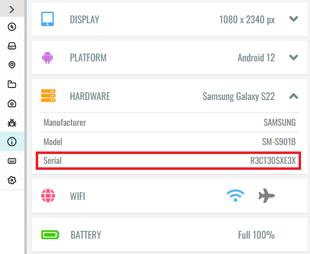 UDID/Serial number field in the Info tab in the Device area.