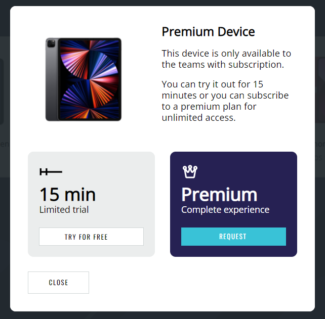 Premium device modal to choose a 15-minute session or plan upgrading