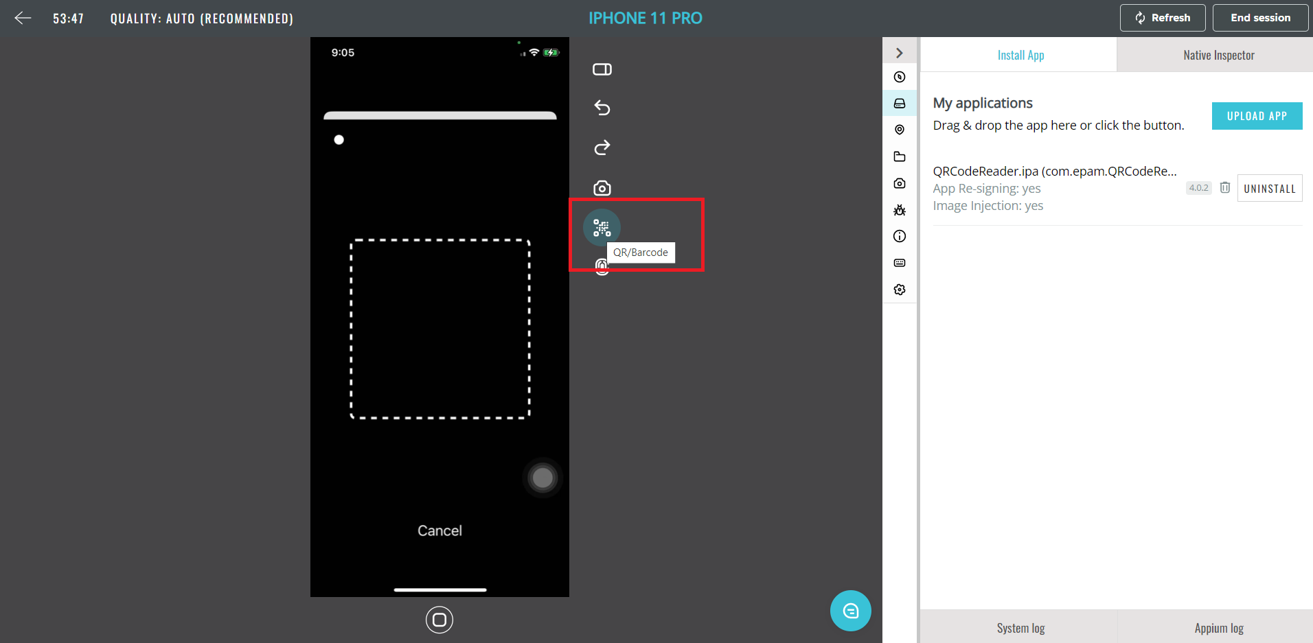 QR/Barcode icon in the Device area.