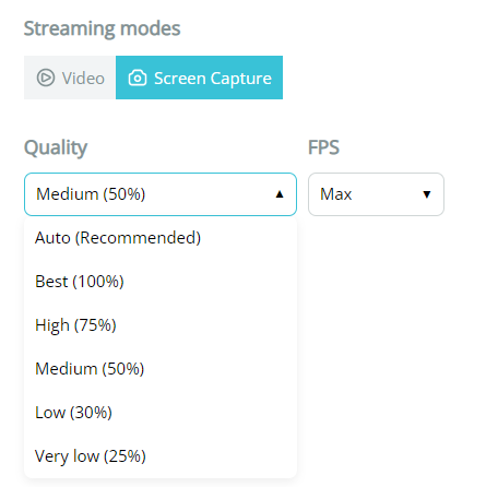 Quality and FPS drop-downs for the Screen Capture mode