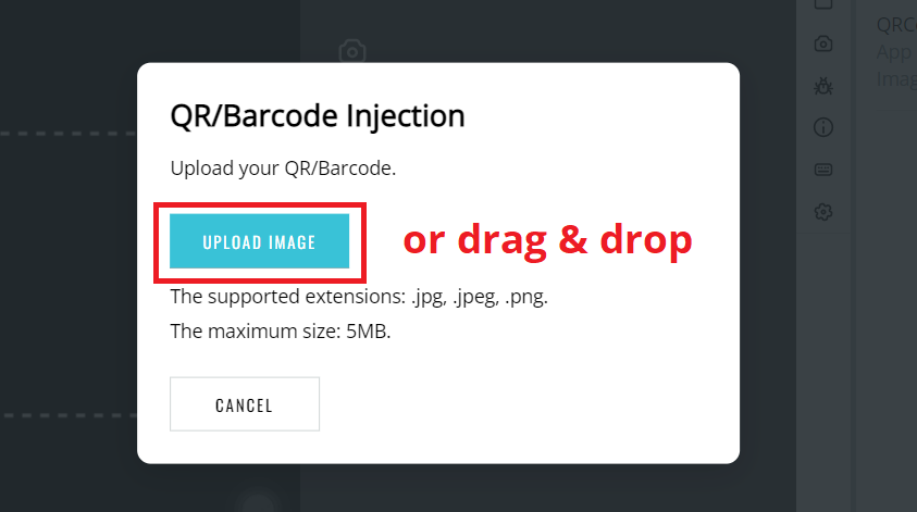 Ways to upload a QR/Barcode image: Upload image button or drag and drop.