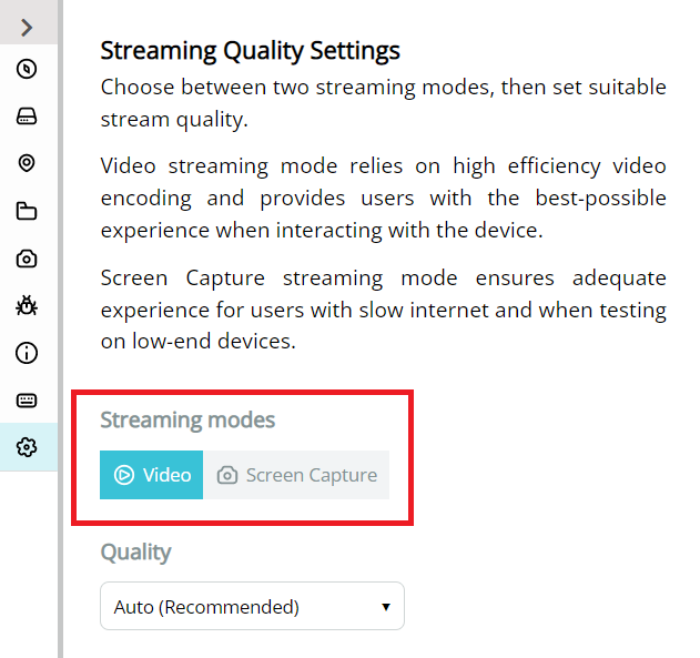 Streaming Quality Settings tab containing 2 modes: Video and Screen Capture