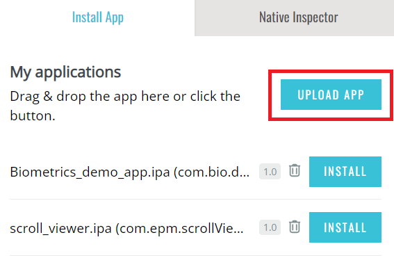 Upload app button in the Install App tab