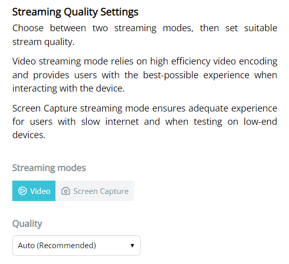 Device Streaming Quality Settings on Mobitru