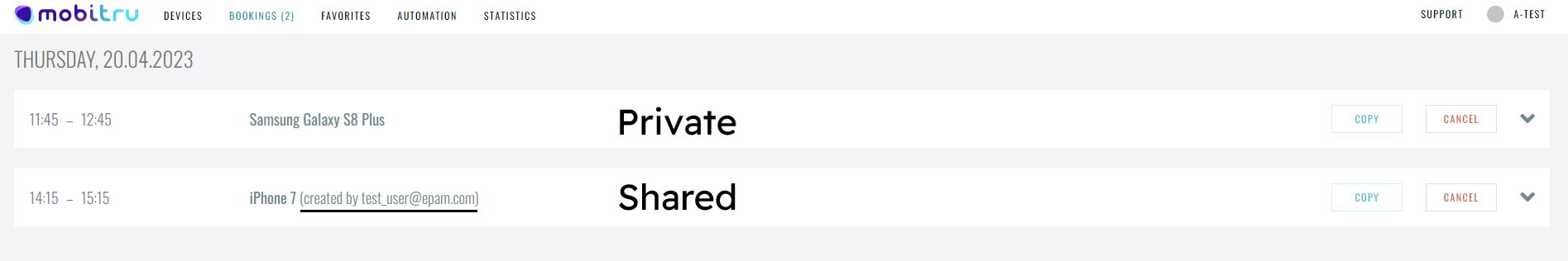 Bookings types: private and shared