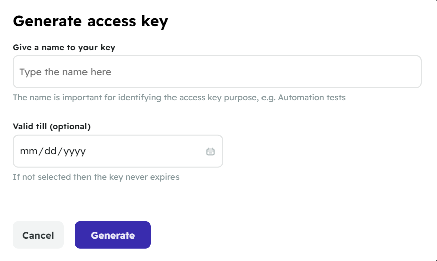 Generate access key window