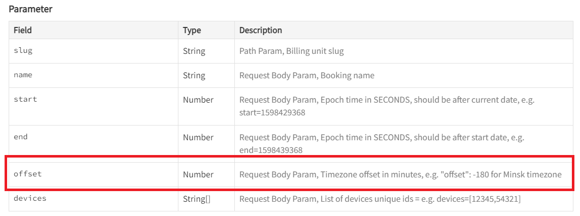 Offset parameter for scheduling a booking.