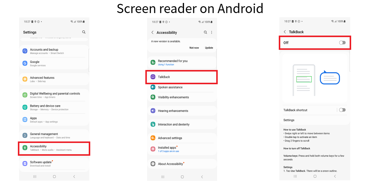 Screen reader activation on Android devices on Mobitru