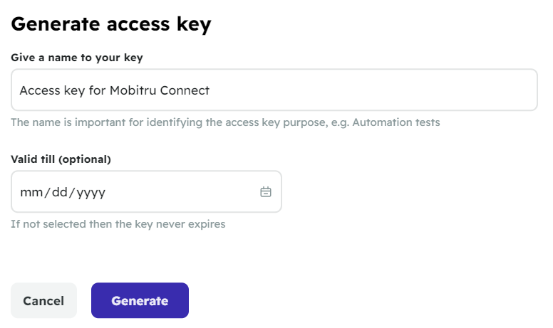 Access key generating for Mobitru Connect.