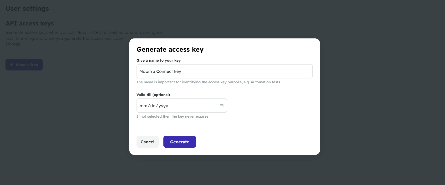 API access key generating on Mobitru