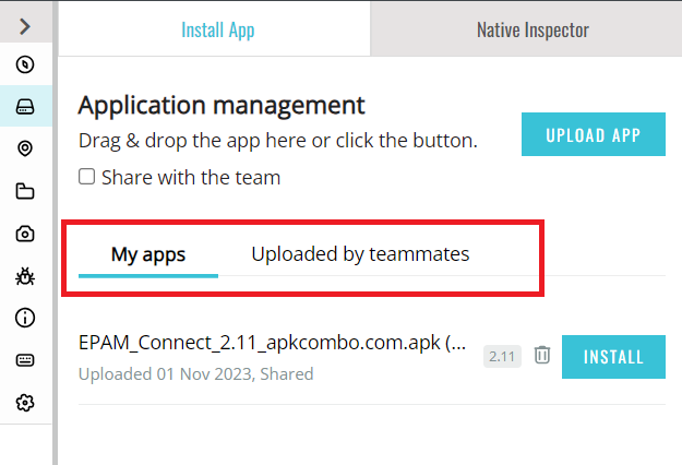 Application management tabs for teams: My apps and Uploaded by teammates