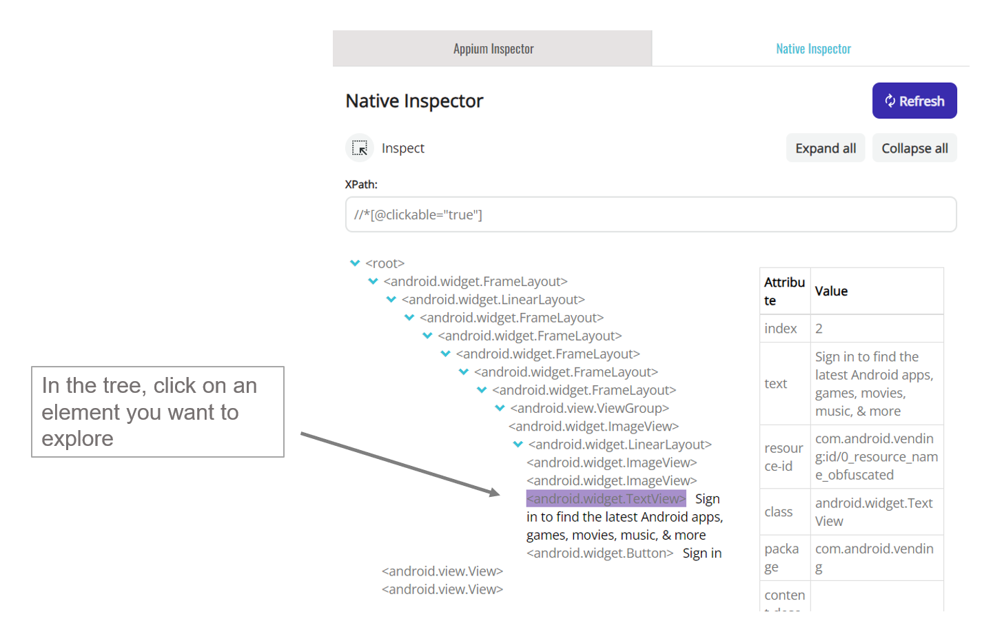 Choosing an element in the tree in Mobitru Native Inspector