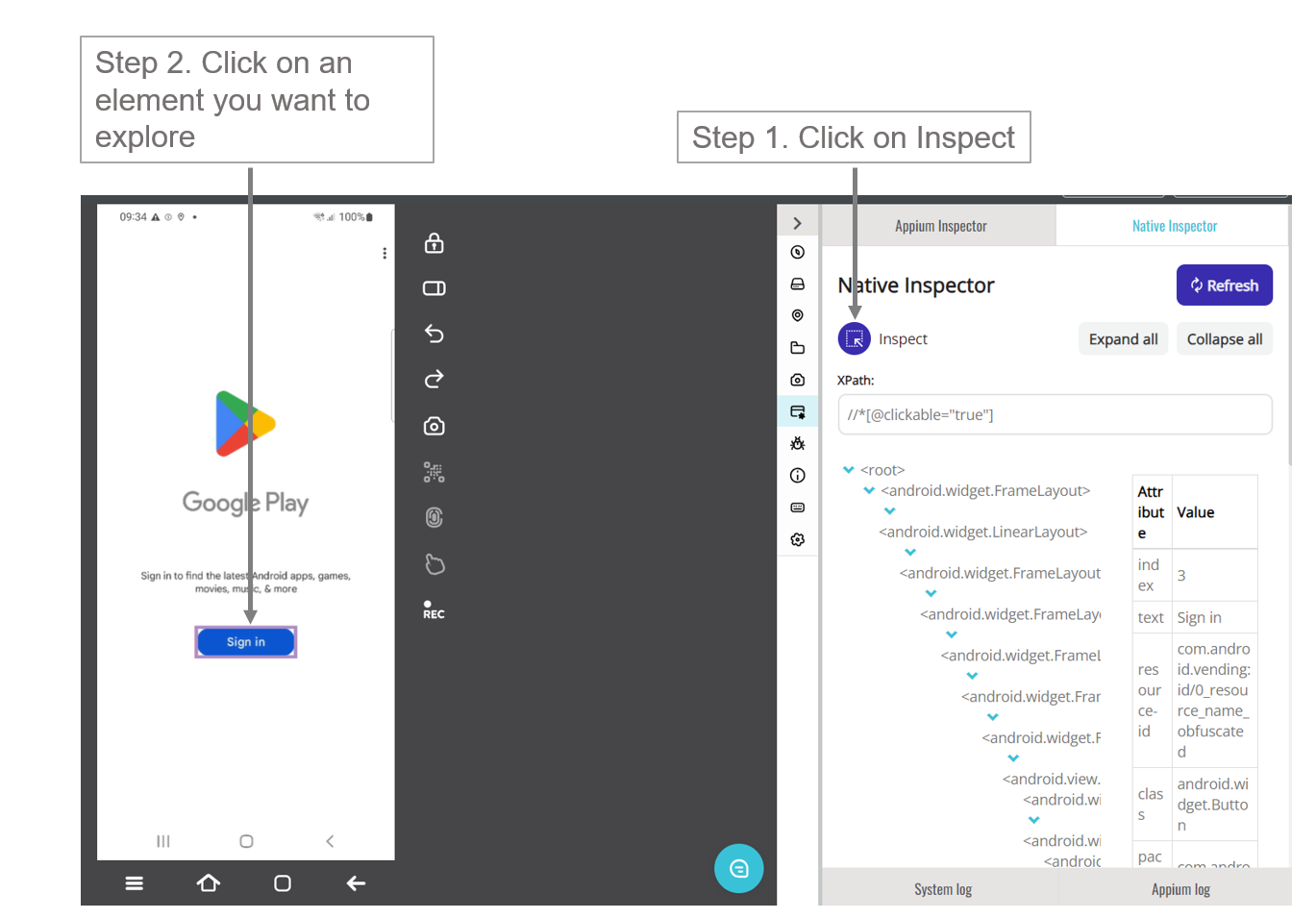 Inspect mode for exploring UI elements in Mobitru Native Inspector