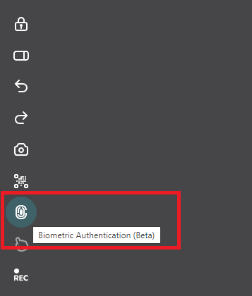 Biometric Authentication button in Mobitru Quick Access toolbar