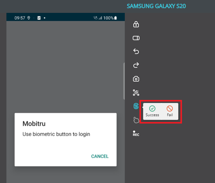 Success and Fail buttons for Biometric Authentication feature
