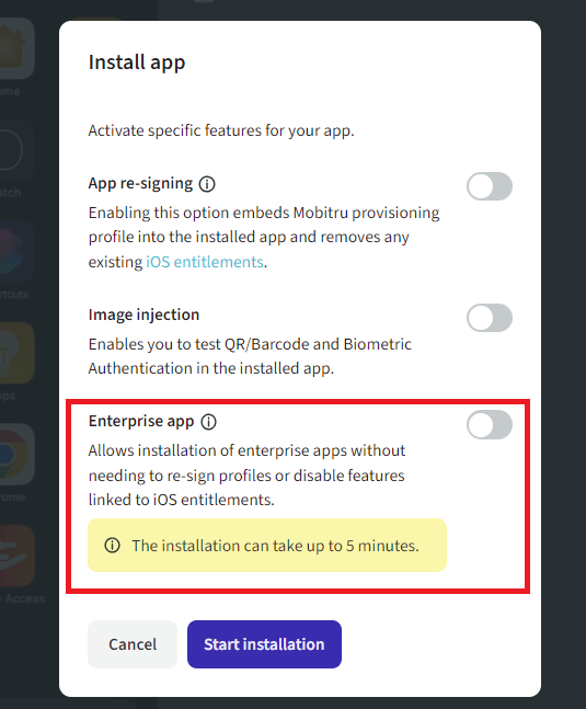 The button for installing apps with the Enterprise profile